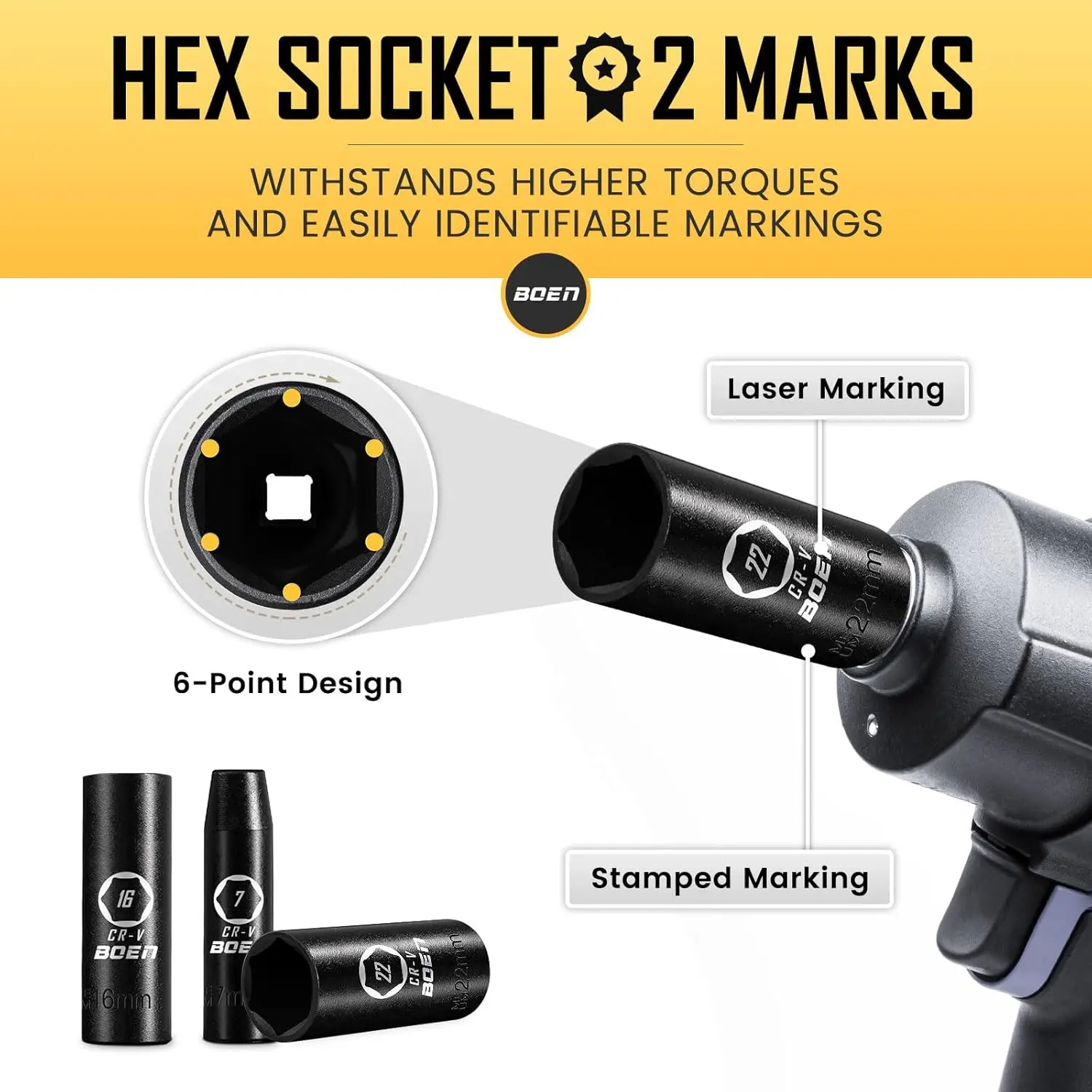 Boen 3/8 "Aandrijving 16-delige Metrische Doppenset 7 Tot 22Mm, 6 Punten Ontwerp, Cr-V Staal, Zware Opbergkoffer
