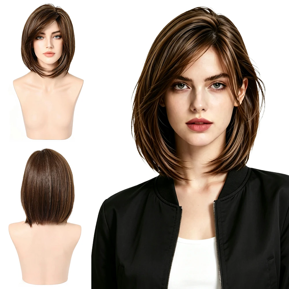 Natural Brown Balayage Bob Wig Side Swept Bangs Women Shoulder Length Layered Heat Resistant Synthetic Hair For Daily Party Use