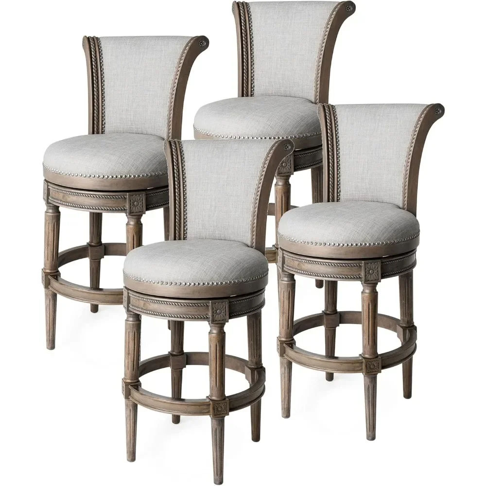 

Tall Bar Height Upholstered Barstool with Back in Reclaimed Oak Finish with Ash Grey Fabric Cushion Seat, Set of 4