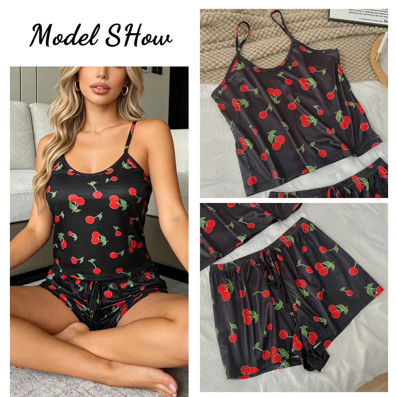 Sommer 2-teiliges Damen-Pyjama-Set mit bedrucktem Cami, ärmellosem Oberteil und Shorts, weiblich, elegant, bequem, Freizeit, elastische Nachtwäsche