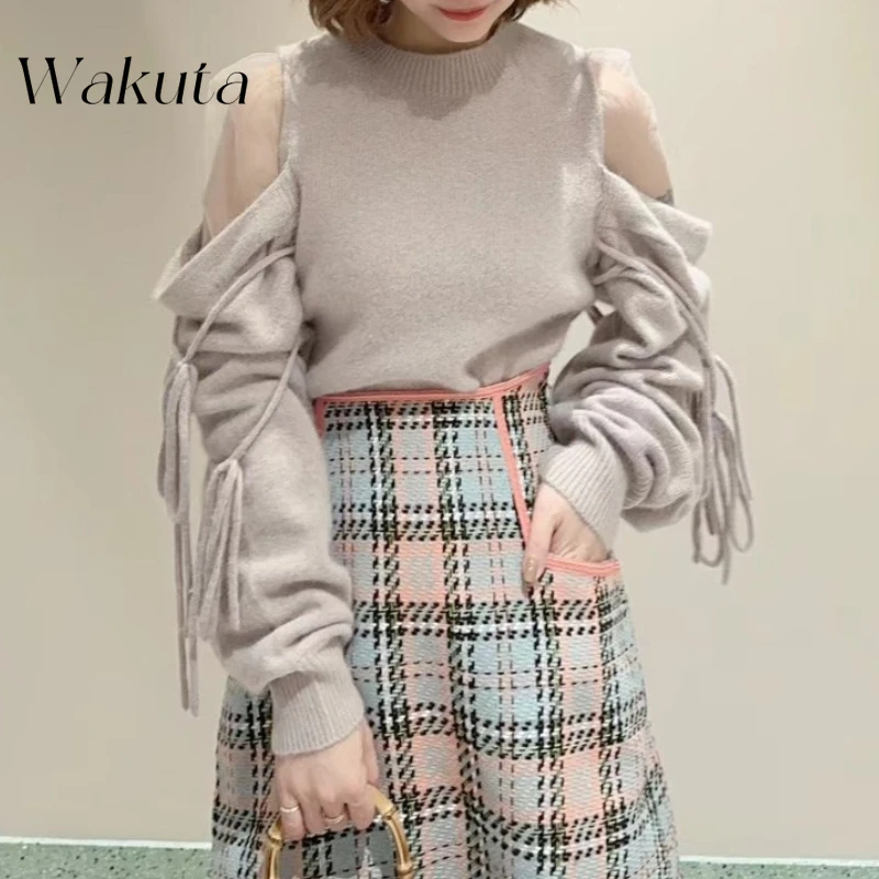 WAKUTA Japanese Temperament Round Neck Long-sleeved Tie Sweaters Fall and Winter Elegant Mesh Strapless Tie Pullovers 여성 반팔 니트