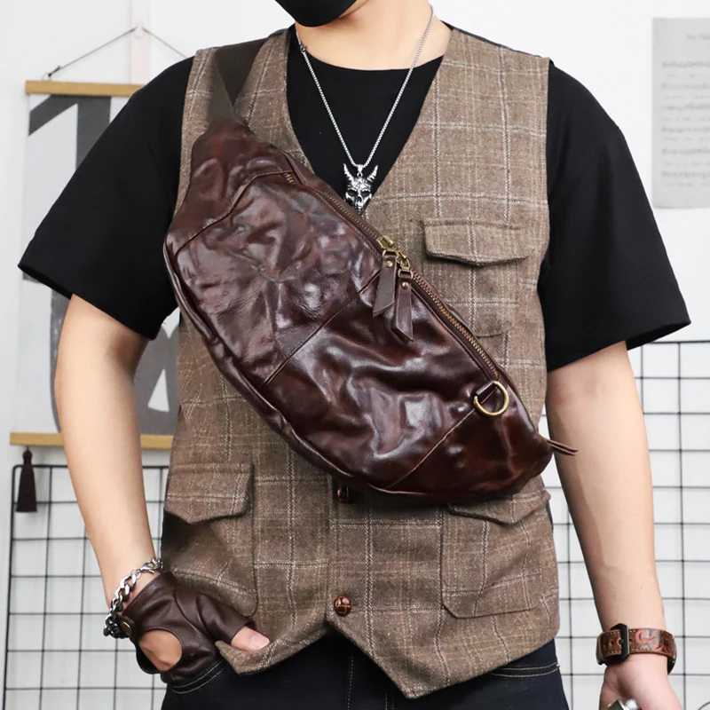 

Винтажная плиссированная старая нагрудная сумка для мужчин, повседневная многофункциональная сумка через плечо из натуральной кожи, нагрудная сумка для лагера