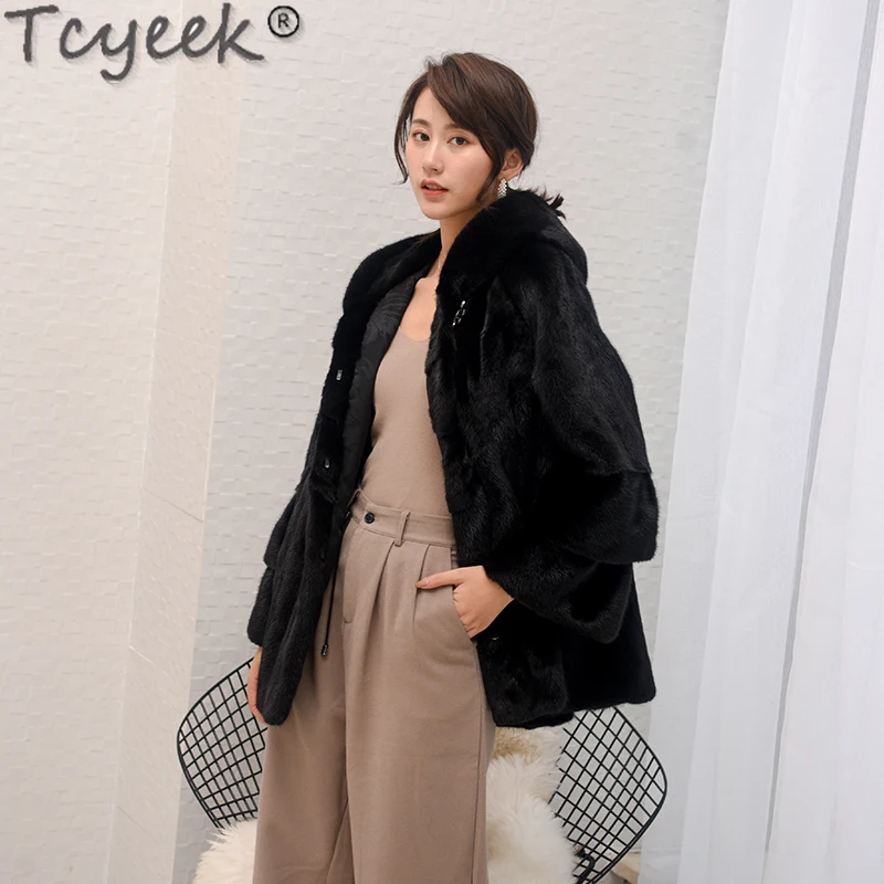 

Tcyeek Hooded Natural Mink Fur Jacket Women Winter Warm Real Fur Coats Black High Quality Fur Coat Woman Clothes Casaco Feminino