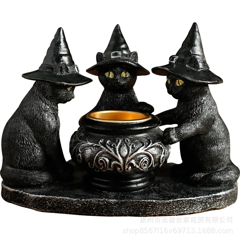 

Halloween new wizard cat mysterious dark wind retro ornament resin crafts ghost festival scented candle candle holder