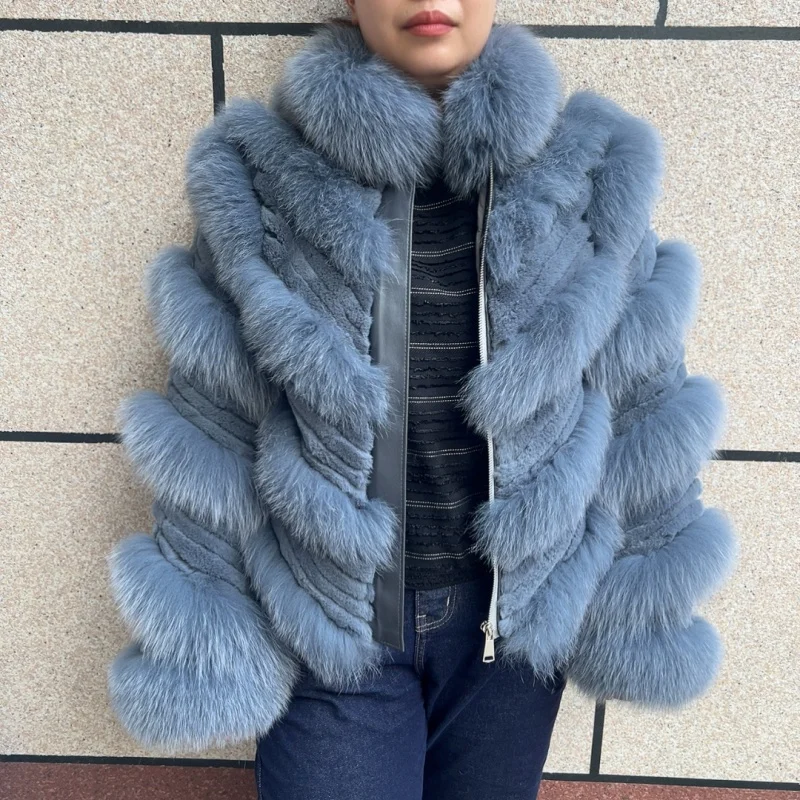 Women's New Mixed Real Fox Fur Coat and Thick Rex Rabbit Fur Coat V-Shaped Style Women Natural Fox Fur Mixed Jacket Winter
