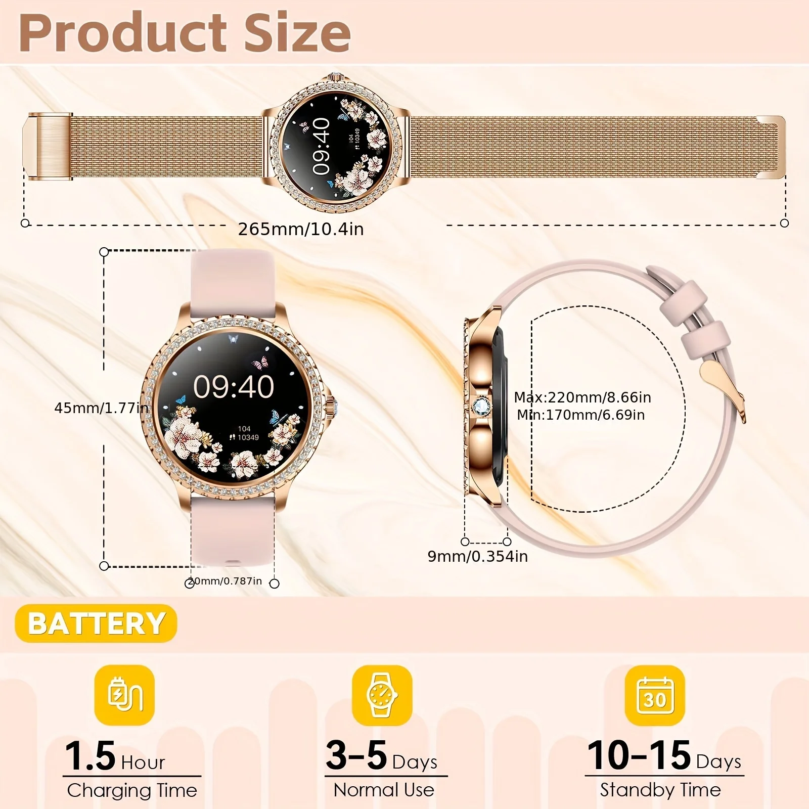 ساعات EIGIIS الذكية للنساء مع شاشة عالية الدقة مقاس 1.32 بوصة لتتبع اللياقة البدنية مع مراقب معدل ضربات القلب والنوم وساعة ذكية خارجية مقاومة للماء