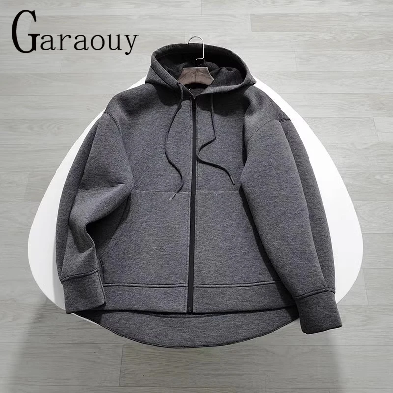 Garaouy 2024 Spring Women Simple Hooded Long Sleeve Zip Hoodie Jacket Female Casual Fashion Street Oversized Asymmetric Coat New