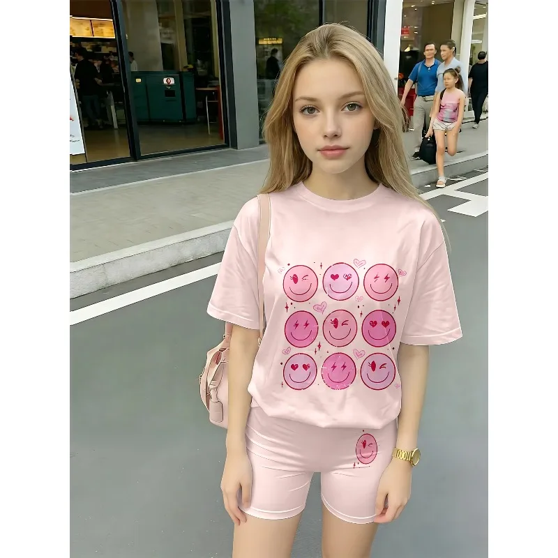 Pink Smiley Face Emoji Printed Casual T-shirt and Shorts Set Suitable for Birthday Giving, Comfortable Casual Set