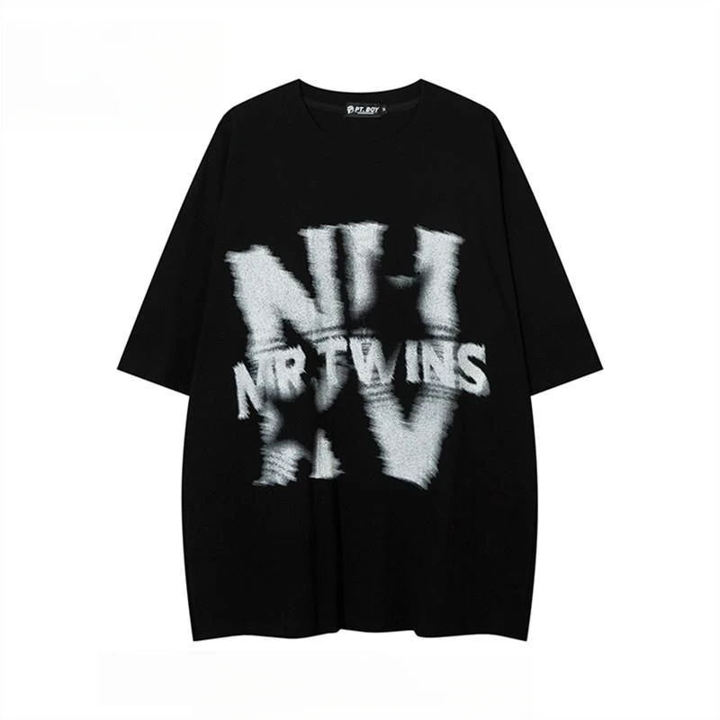 

PlusSize High Street Graffiti Letter Short Sleeve T-shirt Men's and Women's Loose American Fashion Brand Hip Hop Cotton Crewneck