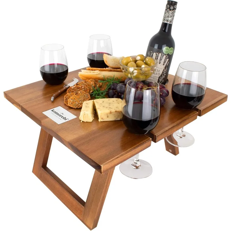 

Portable Picnic Table - Custom Acacia Picnic Tray with Wine and Champagne Holder - Foldable for Beach Picnic - Outdoor