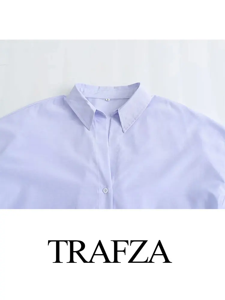 TRAFZA Women Casual Shirt Office Lady Blue Blouse Turn Down Long Sleeve Loose Single Breasted Shirts Elegant Female Chic Top