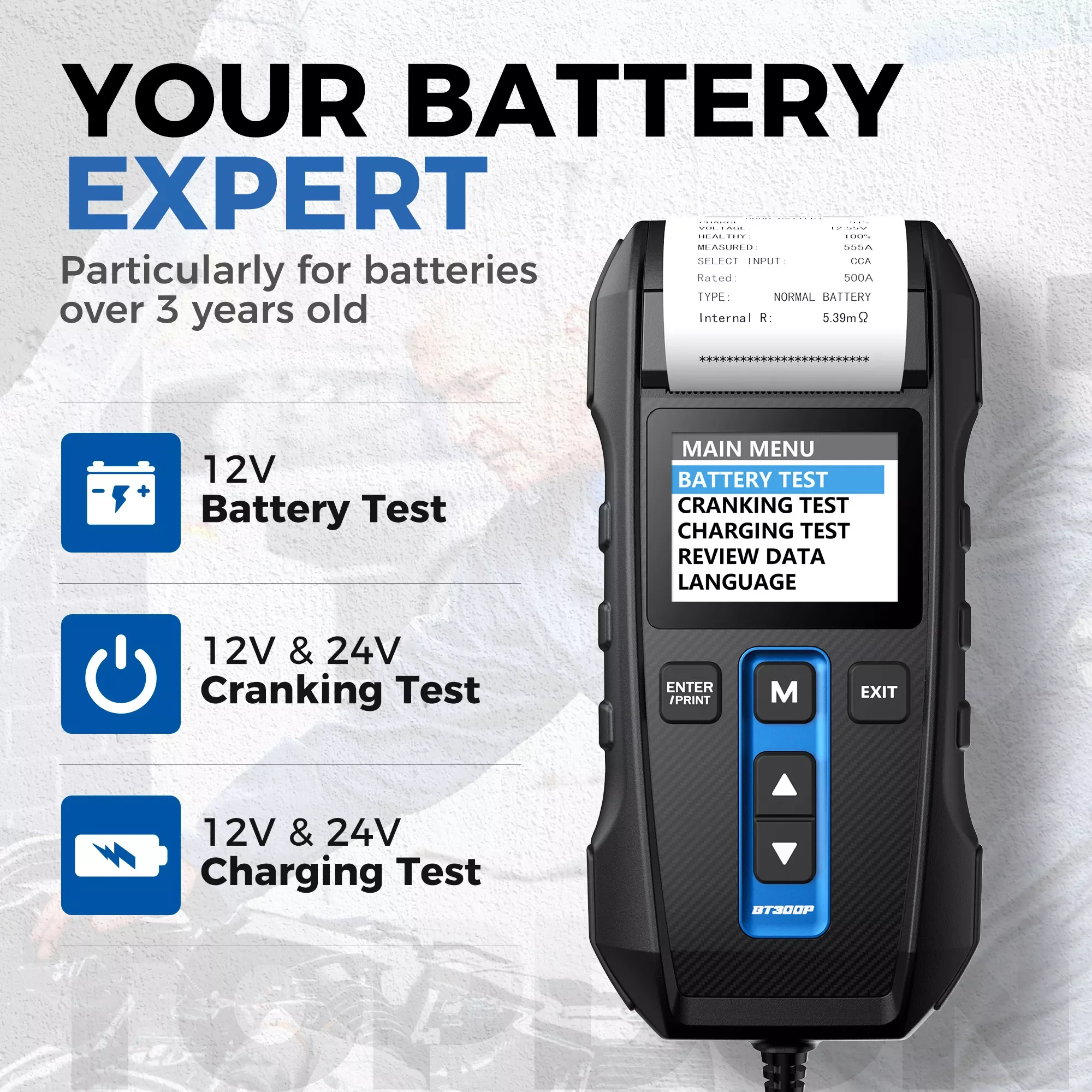 TOPDON BT300P 12V/24V Battery Tester with Printing Digital Charging Cranking Test Tools Car Auto Analyzer Vehicle 8 Language