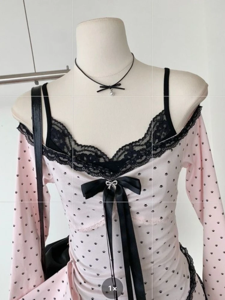 

Korean Style Sweet Fashion Y2K 2 Piece Set Women Vintage Design Polka Dot Tops + Lace Black Strap Dresses Harajuku Party Outfits