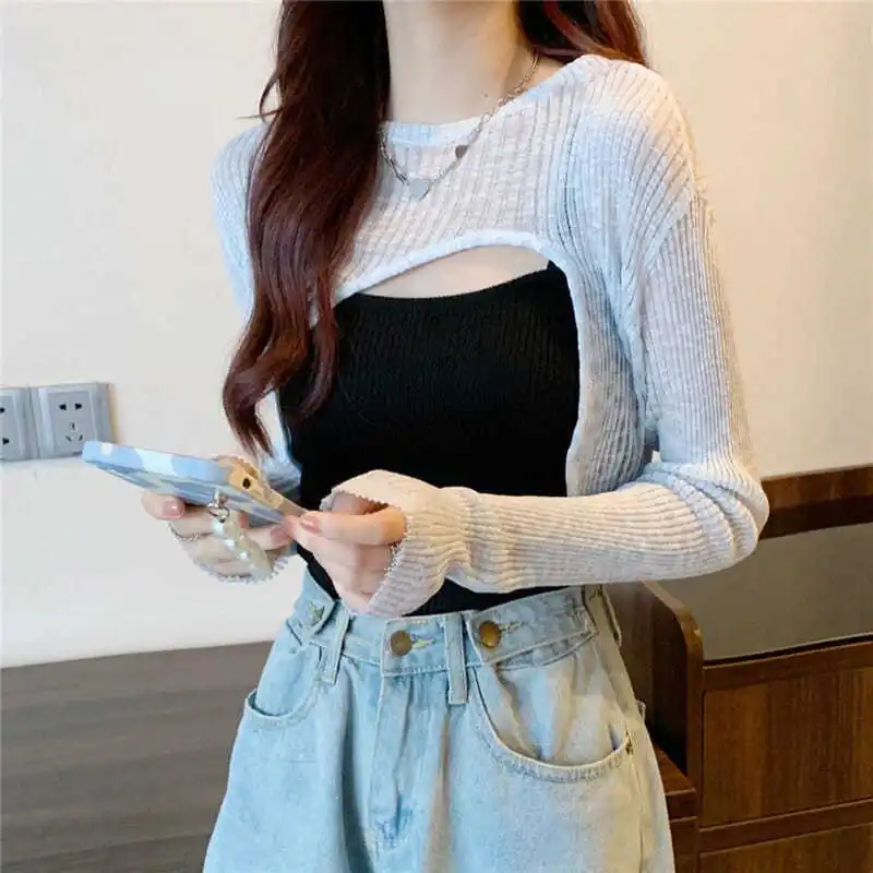 Hot Cropped Shrugs Women Knitwear High Street Long Sleeve O-neck Cool Girls Stylish Solid Color Irregular Female Chic All-match