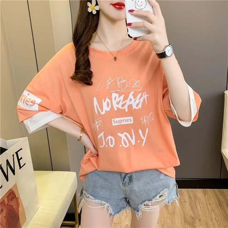 Fashion O-Neck Printed Spliced Fake Two Pieces T-Shirts Female Clothing 2024 Summer New Loose All-match Tops Casual Tee Shirt