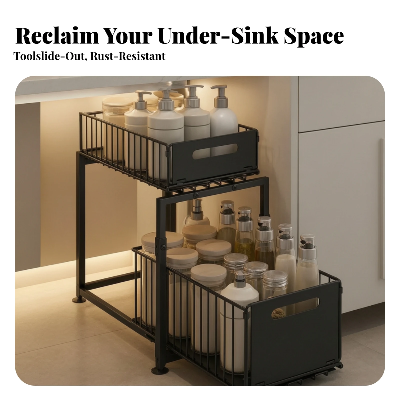 Under-Sink Organizer with Pull-out Baskets Foldable Under-Sink Storage Rack Slide-out Storage Shelf Heavy Duty for Kitchen