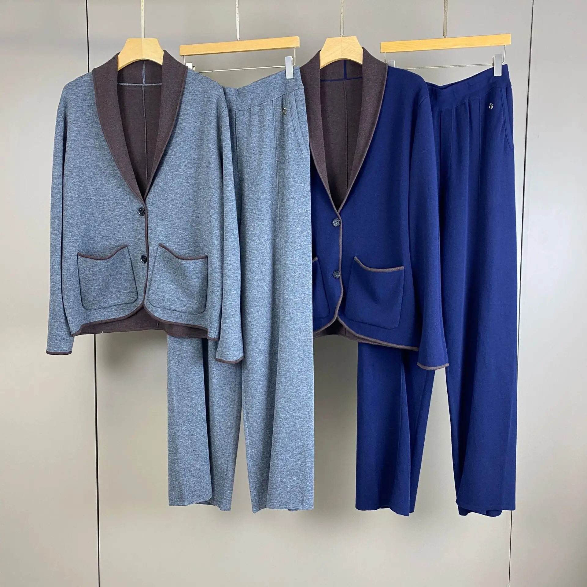 26 Autumn Winter New 100% Wool Knitted Cardigan With Elastic Waist Straight Leg Wide Pants Set