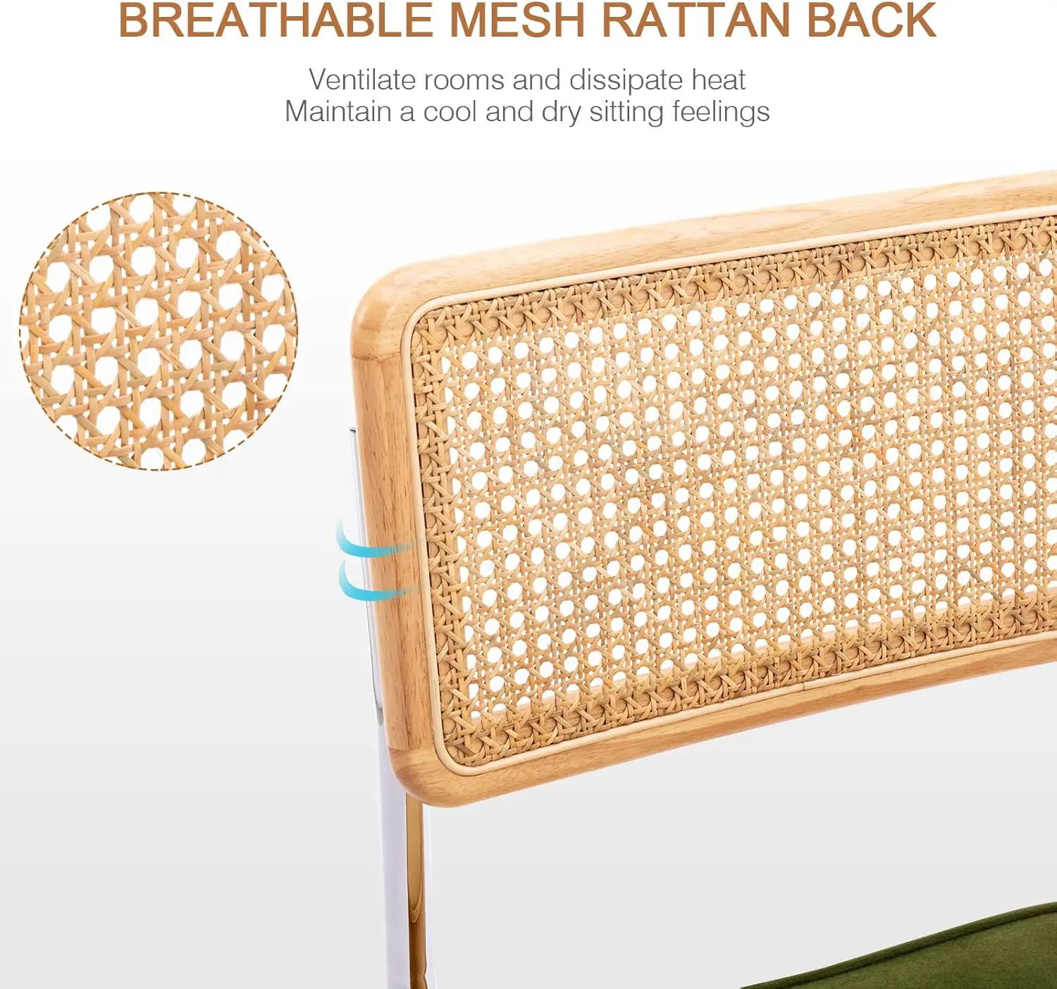 Natural Rattan Bar Stools Set of 2, 26'' Modern Boho Counter Stools, Velvet Counter Height Chairs with Solid Wood Back