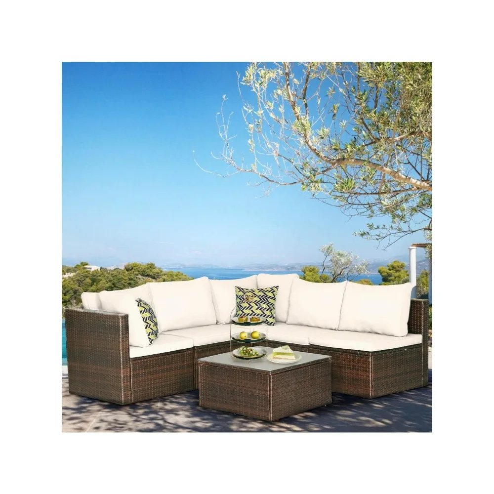 

6pcs Patio Furniture Set PE Brown Rattan Wicker Sectional Outdoor Sofa Set Outside Couch w/Washable Seat Garden Sofas