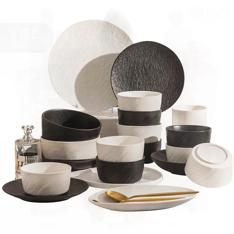 

Nordic Style Ceramic Tableware Set European Style Gift Box including Bowl Chopsticks And Plate Dishes for Adult Black White Rock