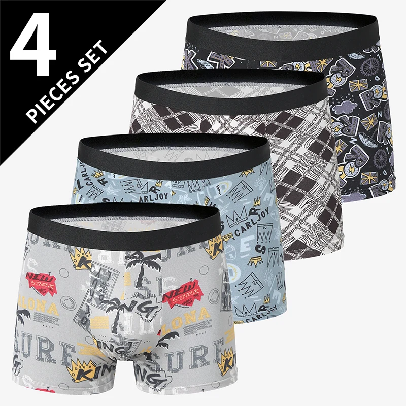 4 Pack European and American Size MEN\'S FASHION Printed Boxer Underwear Comfortable Swimming Trunks Oversized Underwear Shorts