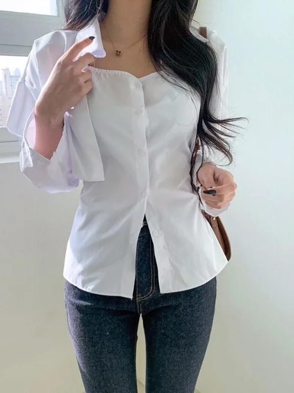 Chic Early Autumn Single Button Pure Color Belted Halter Neck Short Shoulder Wrap Two Piece Set Shirt Women Korean Style