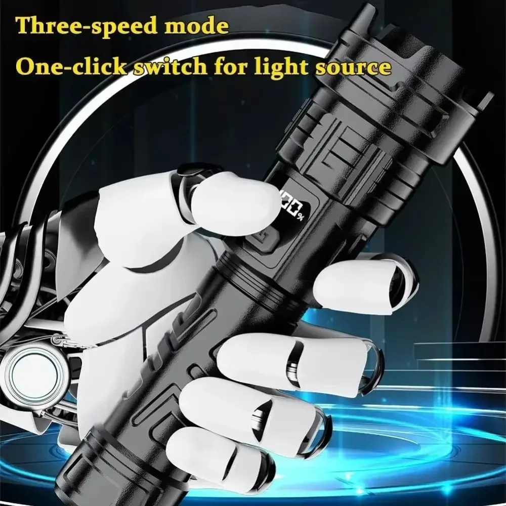 Rechargeable Super Bright LED Flashlight Portable Digital Display Outdoor Strong Light Flashlight Telescopic Sliding Zoom