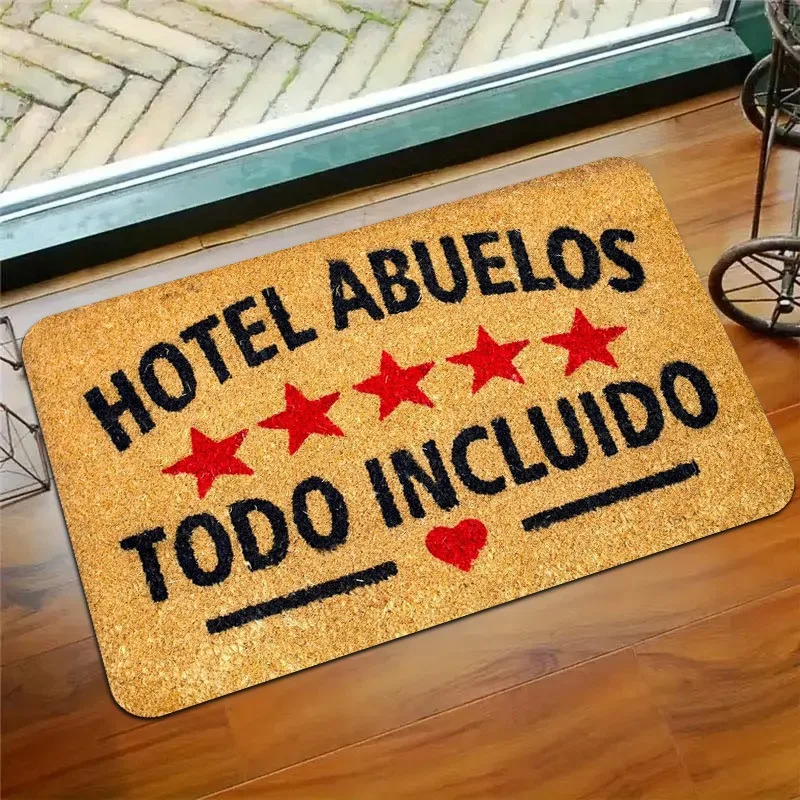 Spanish Text Doormat - “HOTEL ABUELOS TODO INCLUIDO”, Non-Slip Door Mat, Flannel Mat for Entrance, Kitchen, Living Room, Bedroom