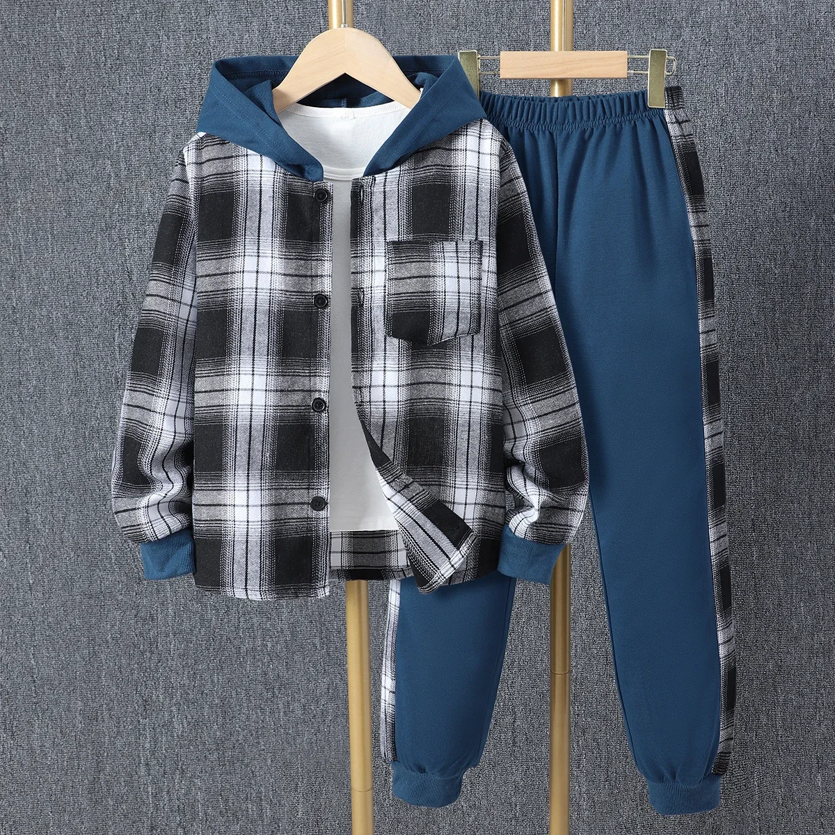 Kids Boys\' Autumn Casual Checker Hoodie Set Shirt Suit Soft Ventilate Fashion Boys Suit Plaid Children\'s Clothing Set