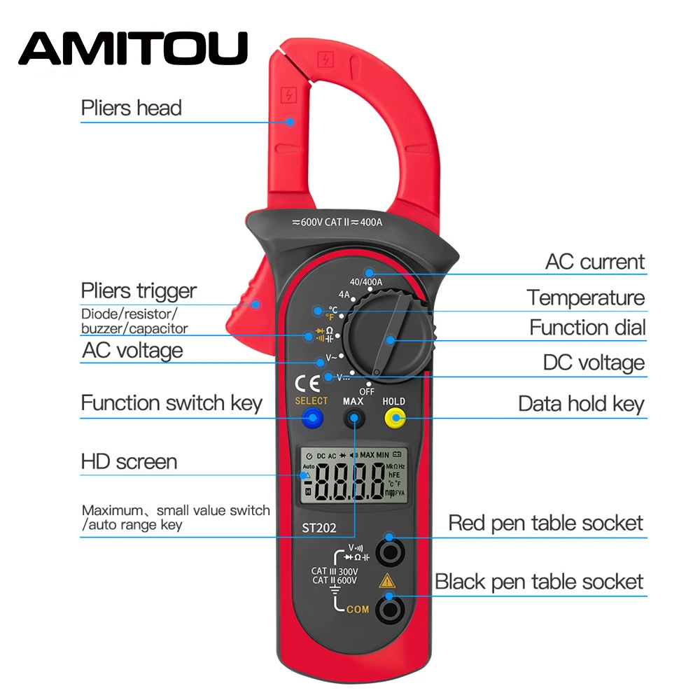 AMITOU ST202 Clamp Multimeter 2000 Counts Digital Professional Clamp Meter Ohm Temp Tester Amperometric Clamp Electrician Tools