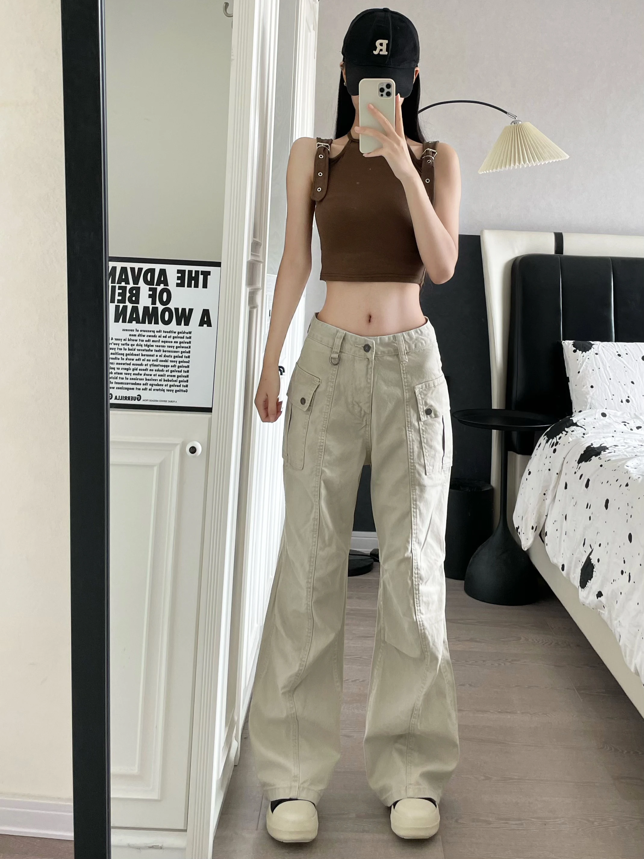 

Свободная американская рабочая одежда, джинсы Bell Bot, светло-бежевые, модные брендовые, крутые и хаоми, длинные хлопковые джинсовые джинсы с высокой талией