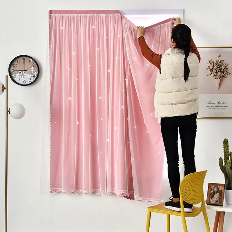 

1pc No-Punch Blackout Curtains with Star Translucent Pattern Fashion Simple Solid Color Paste Type Curtain for Bedroom Decor