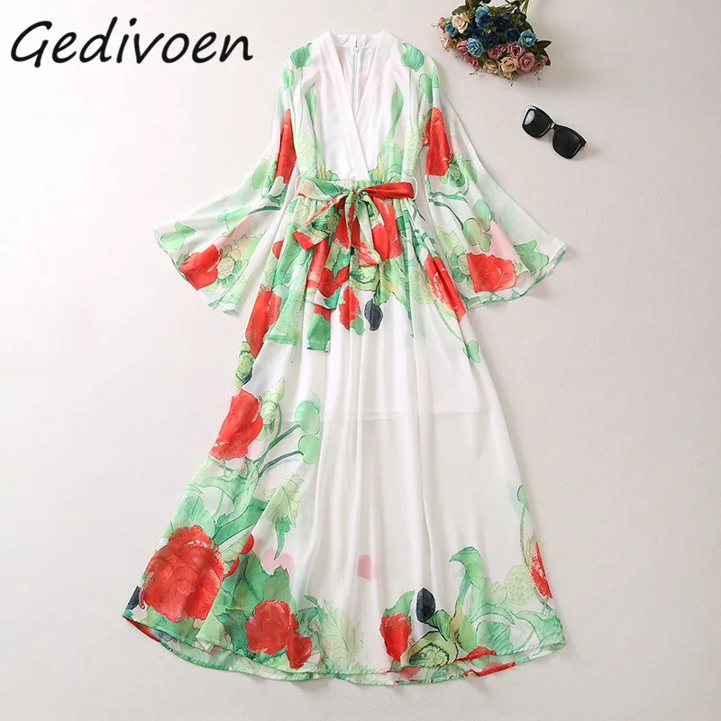 Gedivoen Summer Fashion Runway Abito con stampa floreale vintage Abito lungo da donna con scollo a V Frenulo a vita alta con spacco per feste