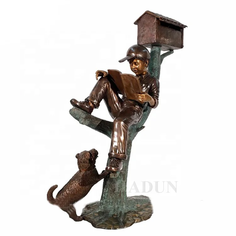 Factory Custom Outdoor Decorative Bronze Brass Metal Boy Statue Sitting On The Mailbox Sculpture For Sale