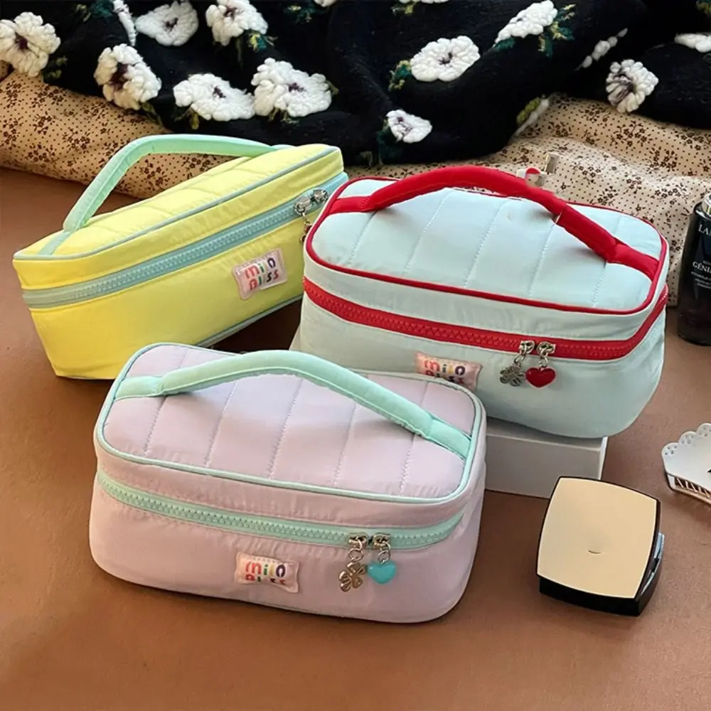 Solid Color Contrast Color Cosmetic Bag Macaron Color Handbag Fresh Makeup Bags Zipper Lager Capacity Toiletries Bag Travel