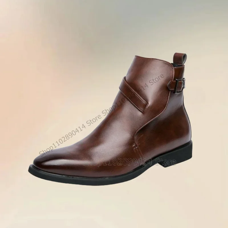 

Brown Black Belt Fastener Decor Ankle Boots Fashion Slip On Men Boots Luxurious Handmade Party Banquet Office Men Dress Shoes