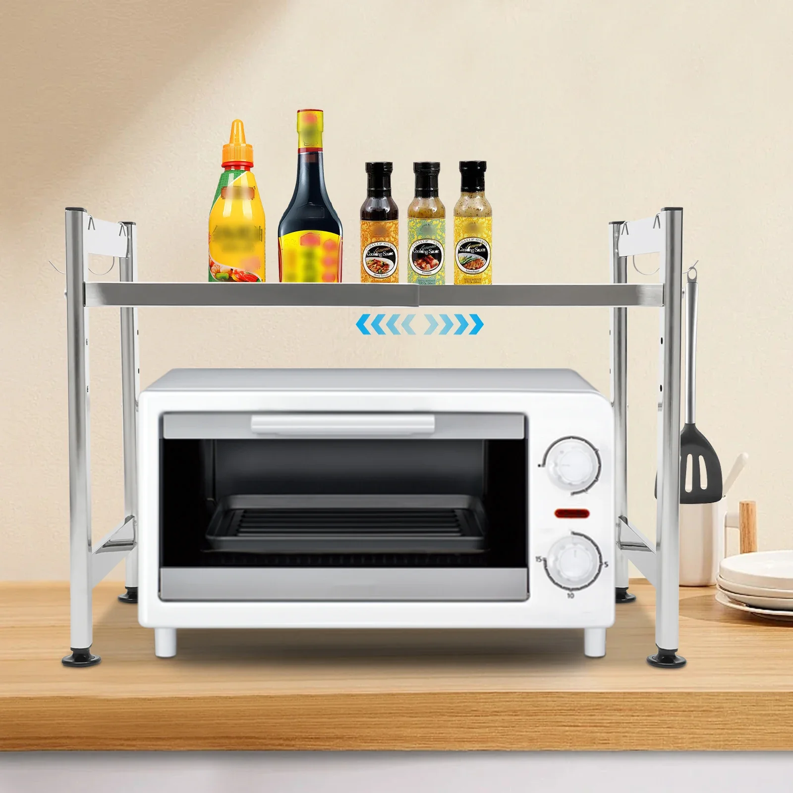 

Регулируемая полка для микроволновой печи — 4 крючка из нержавеющей стали, кухонная полка для хранения, подставка-органайзер для столешницы, шкафа и кладовой