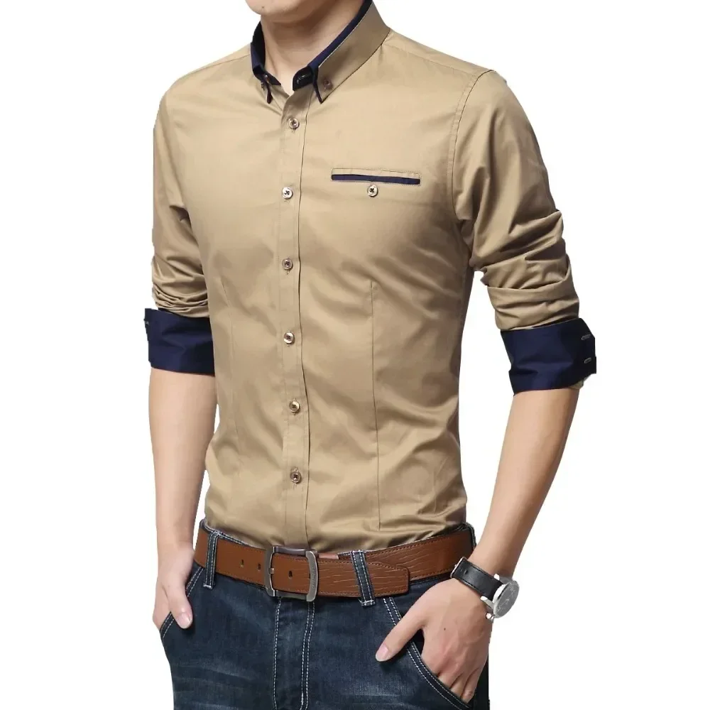 TFETTERS Newest Cotton Men Shirt Casual Shirt Long Sleeve Solid Color Regular Fit Plus Size Men\'s Shirts