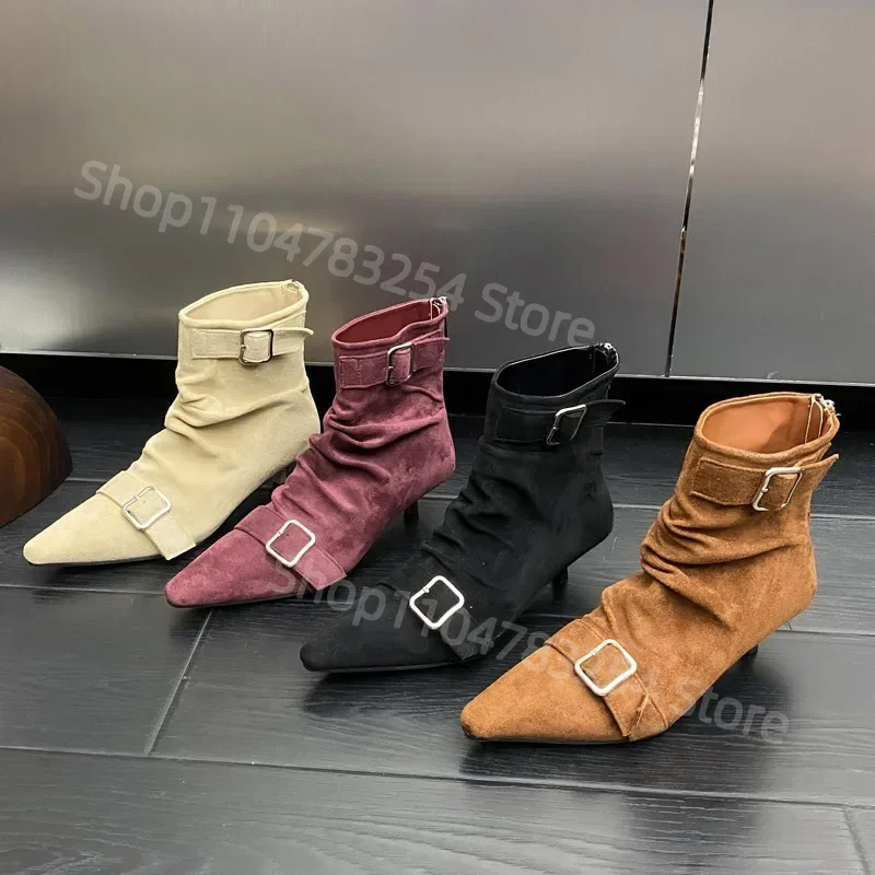 

2025 новый дизайн, ботильоны с пряжкой на ремне, женские модные ботильоны с острым носком на молнии, на тонком низком каблуке, женская обувь для банкета и вечеринки, zapatos mujer