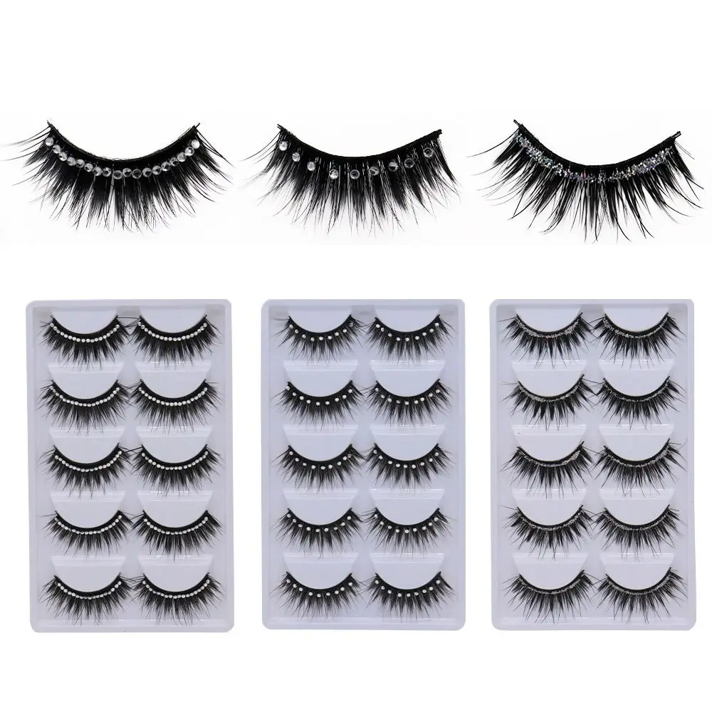 5Pairs Soft False Eyelashes Natural 3D Fake Eye Lashes with Shiny Rhinestones Makeup Party Extension Eyelashes