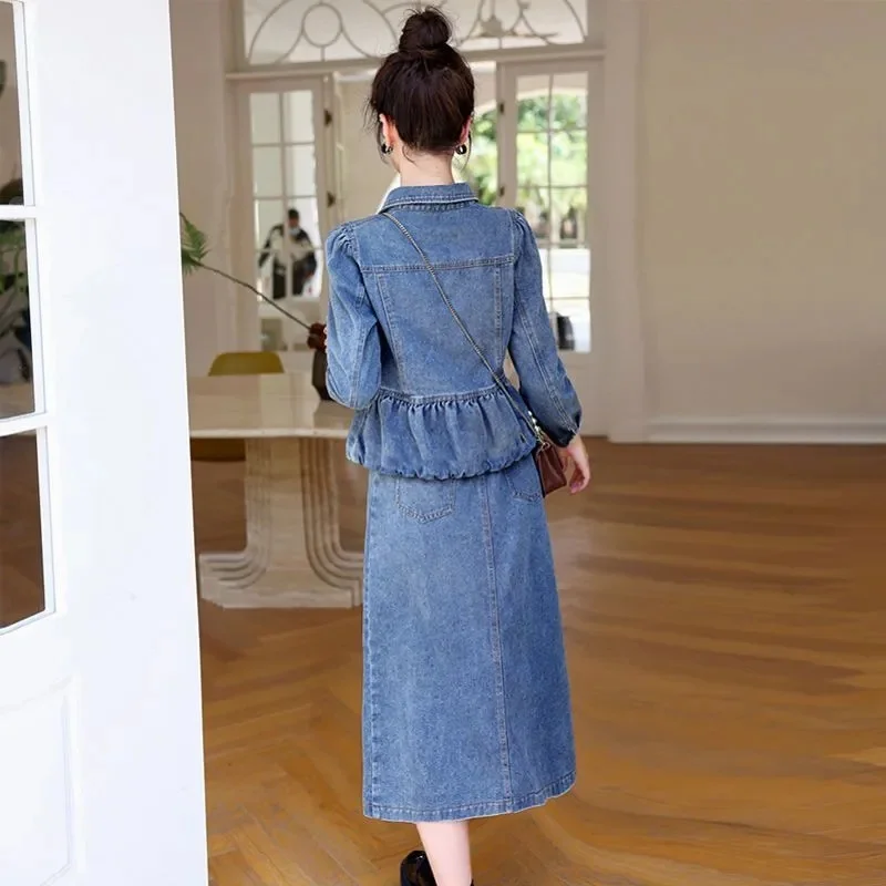 Cowboy Jacket Female New 2024 Spring And Aautumn New Korean Fashionable Floral Denim Jacket And Jean Skirt Two-Piece Suits Blue