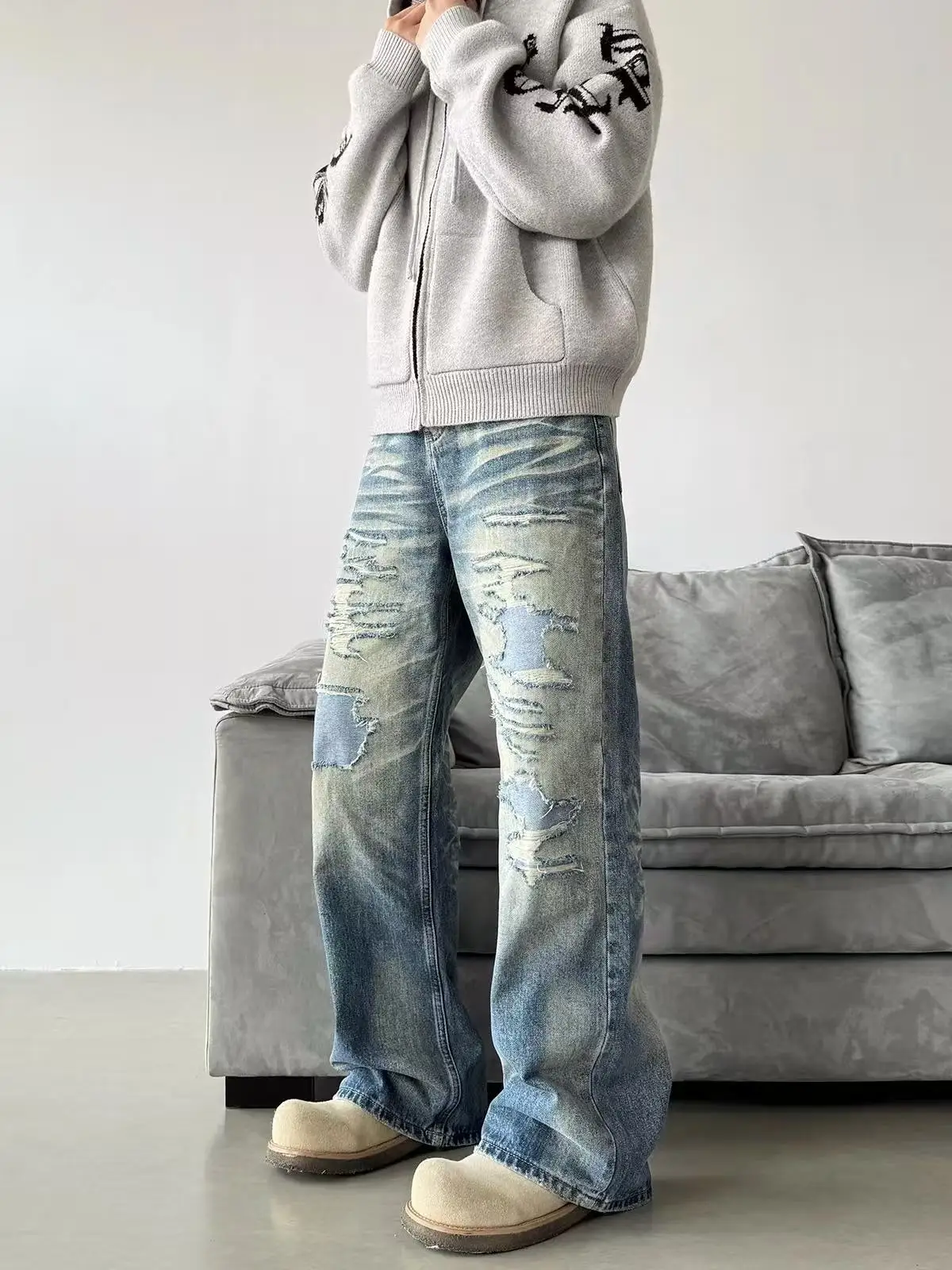 

Washed out Wide Leg Straight Jeans Boro Patch CleanFit High Street Vintage Style mid Waist Zipper Closure Youth Jeans