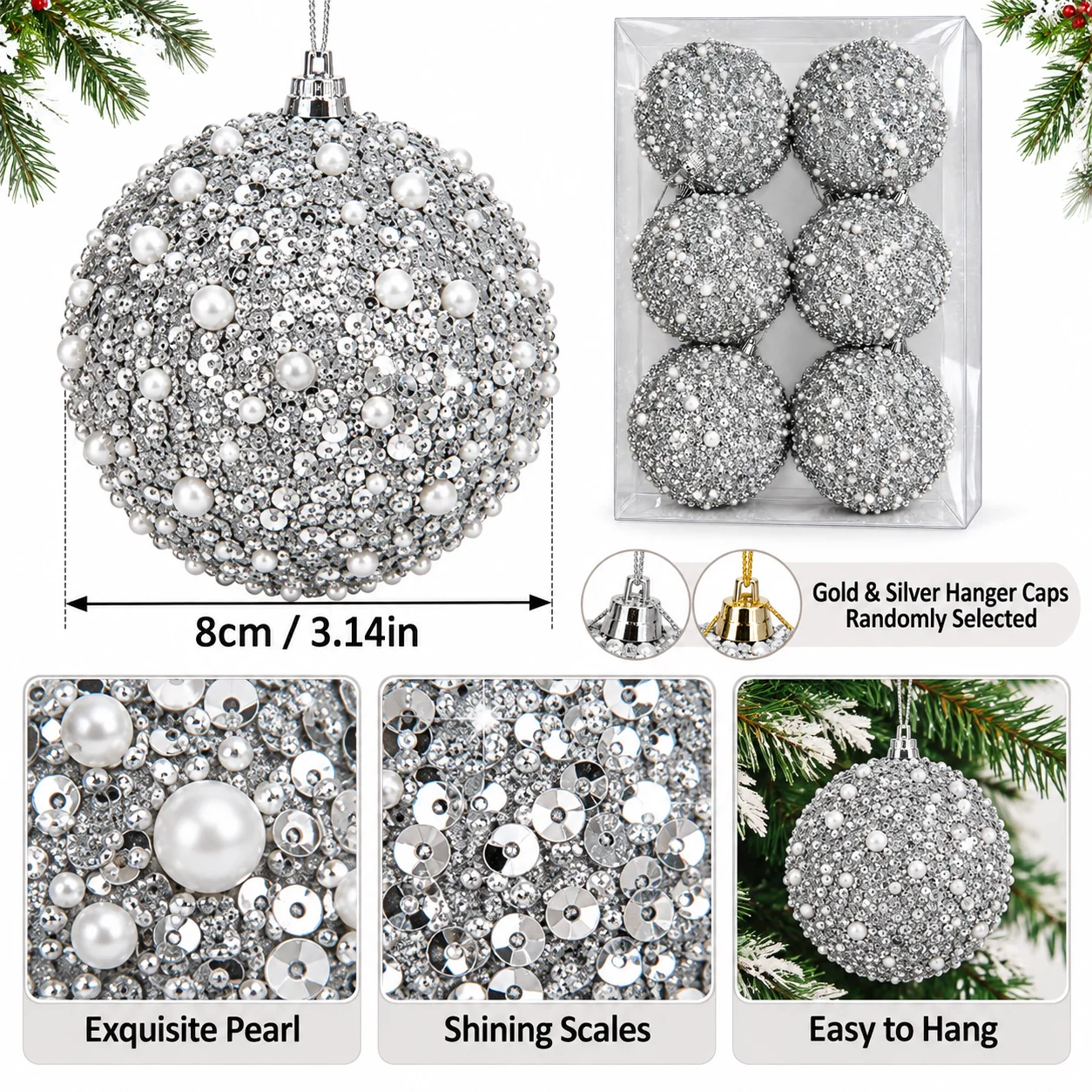 Luxury Silver Sequin & Pearl Christmas Ball Ornaments – 6-Piece Set 6