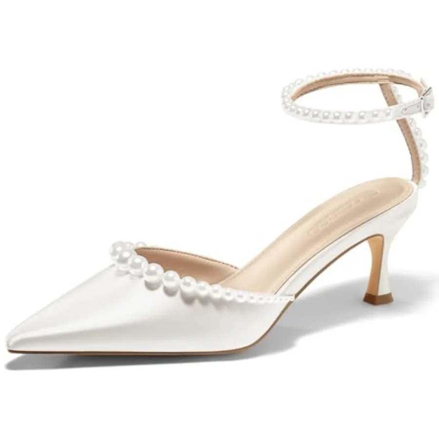 

Coutgo Womens Pearl Kitten Heels Closed Pointed Toe Wedding Bride Dress Shoes Ankle Strap Satin Pumps