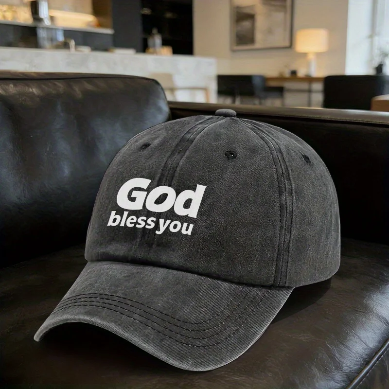 God Bless You Baseball Cap Washed Denim Adjustable Sun Protection Hat Unisex Gift