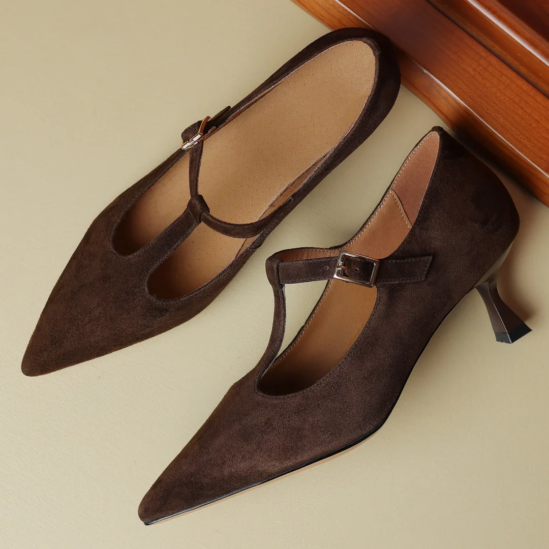 Damskie czółenka ze skóry naturalnej zamszowej na cienkim obcasie ze szpiczastym noskiem eleganckie damskie 2024 wiosenne jesienne nowe buty na obcasie w stylu retro