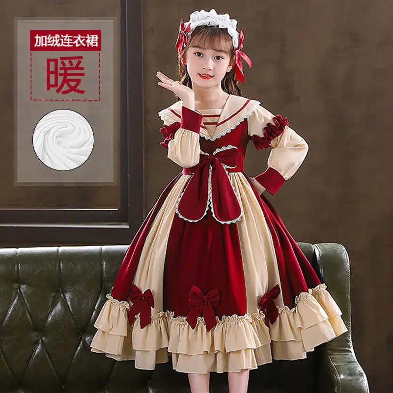 Teen girl kids  Spanish Girl Dress Baby Bow Princess Long sleeve Lolita Dress For Girls Birthday outfit Lace Headband