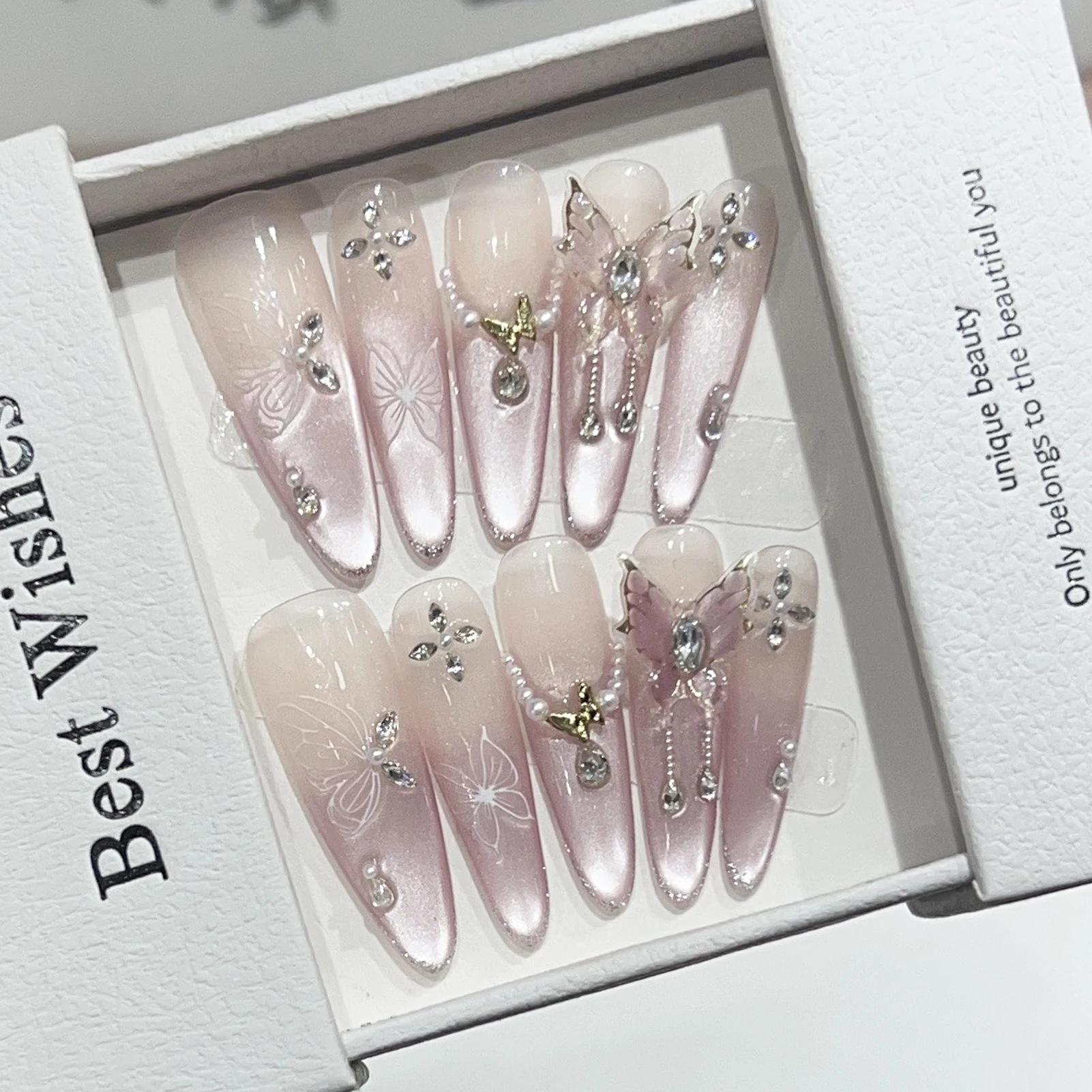 10 pçs rosa olho de gato estilo francês imprensa em unhas borboleta strass decoração amêndoa artesanal unhas falsas encantadores dicas de unhas falsas