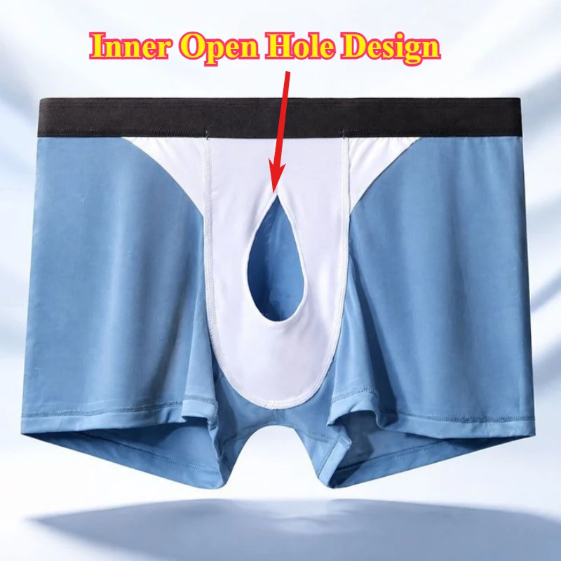 Men's Breathable U-Pouch Inner Open Hole Boxers Summer Cooling Ice Silk Shorts Seamless Briefs Solid Color Sporty Underwear