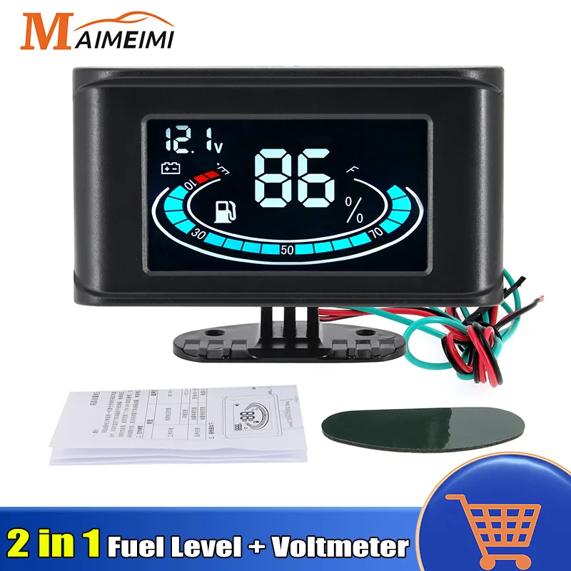 2 in 1 LCD Universal Digital Horizontal Car Gauge Fuel Level Gauge Voltmeter for 12V 24V Car Vehicles Motorcycle Car Accessories